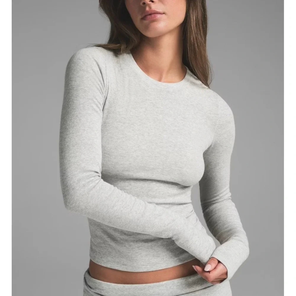 SKIMS Ribbed Cotton Blend Crew Neck Long Sleeve Large Top Light Heather Gray - Picture 1 of 12